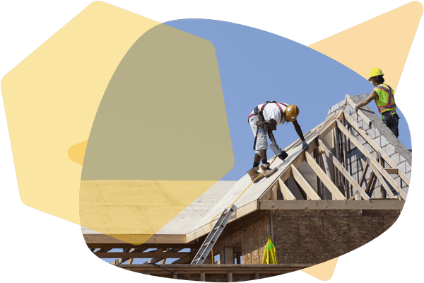 Contractors referencing digital blueprints and permits through construction document management software while framing a new roof